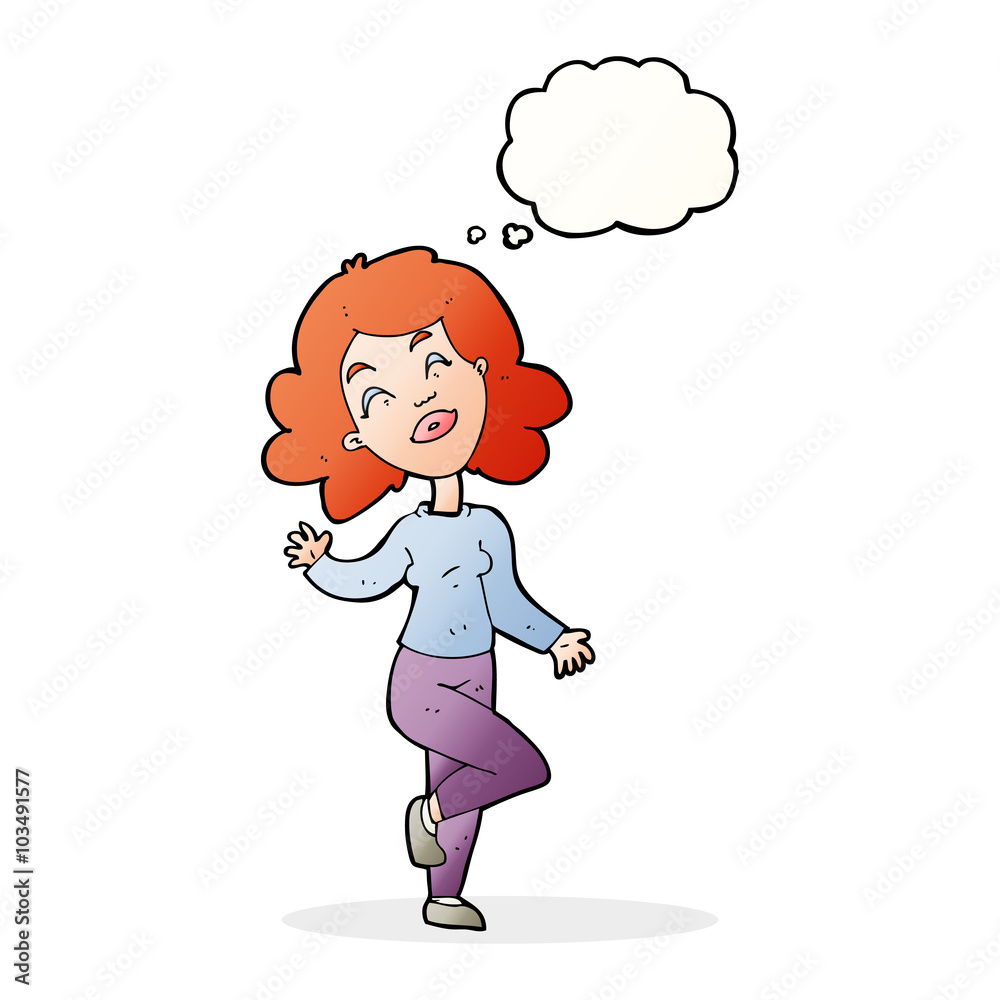 cartoon happy woman dancing with thought bubble cartoon happy woman dancing with thought bubble