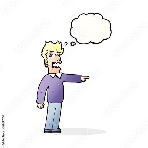 cartoon man accusing with thought bubble