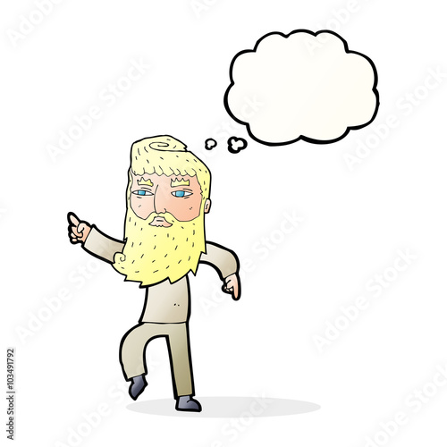 cartoon bearded man pointing the way with thought bubble