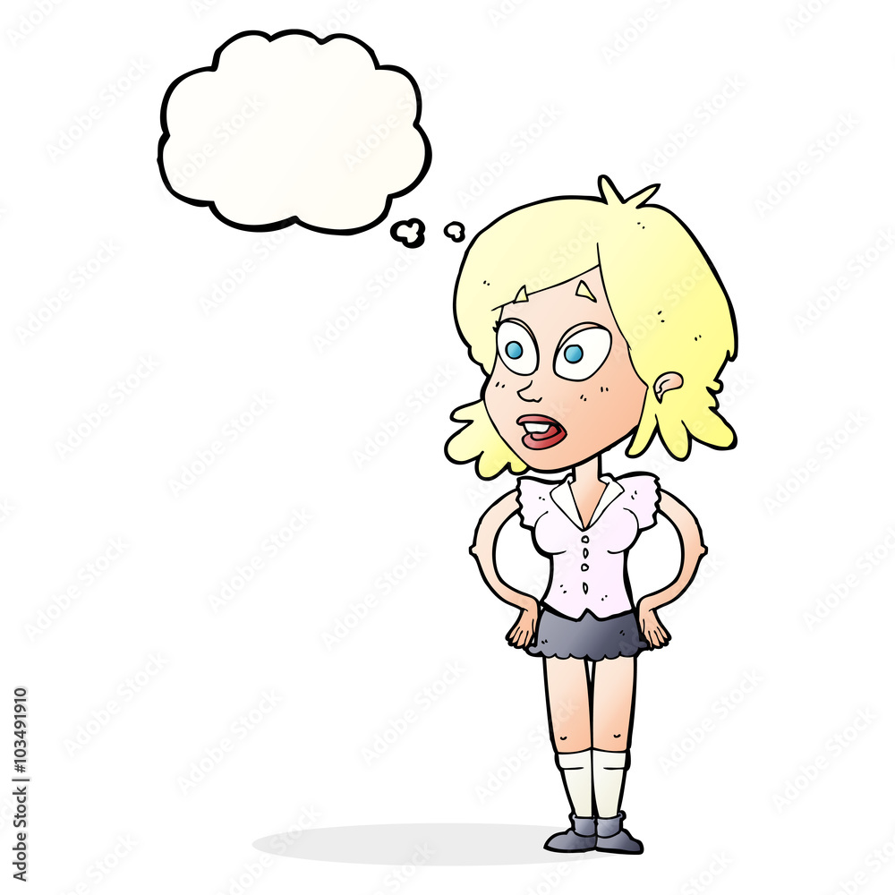 cartoon woman with hands on hips with thought bubble cartoon woman with hands on hips with thought bubble