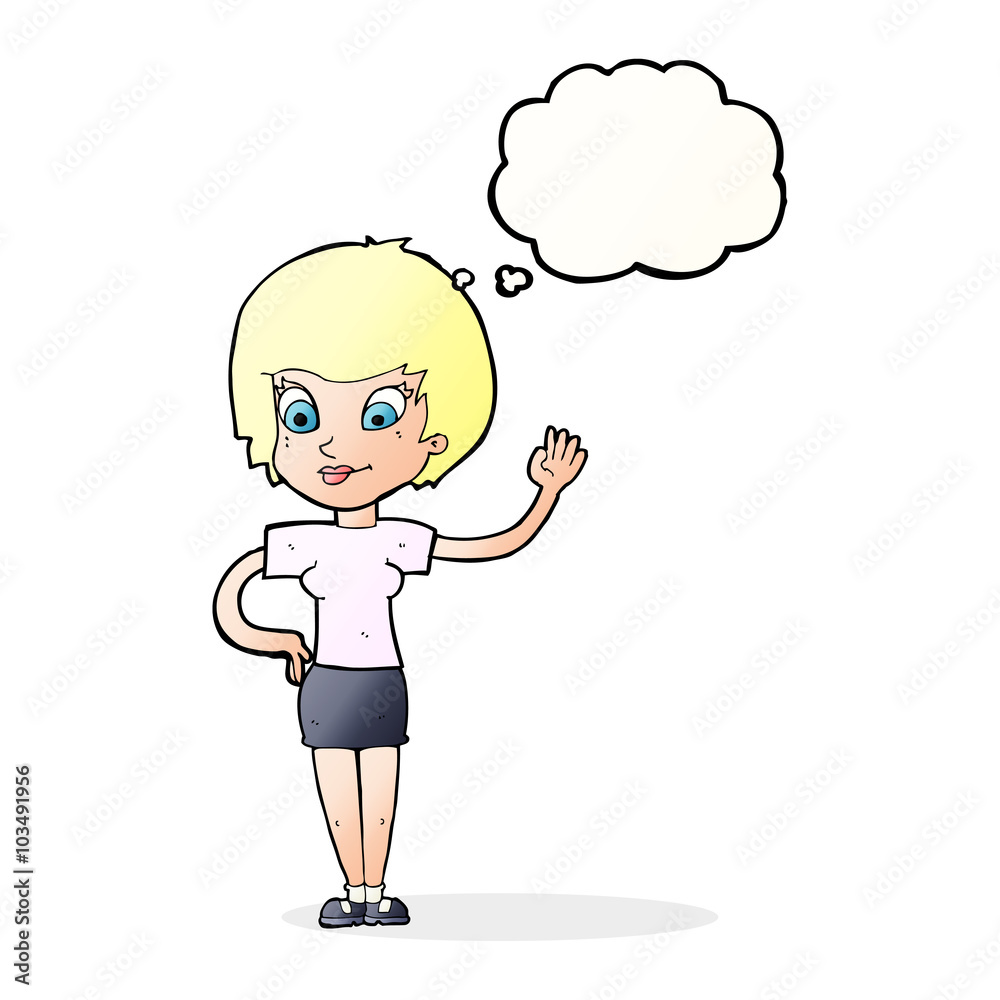 cartoon woman waving with thought bubble cartoon woman waving with thought bubble