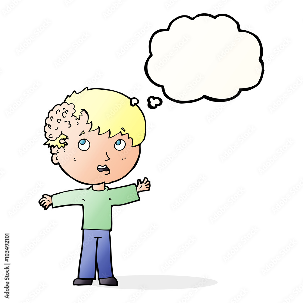 cartoon boy with growth on head with thought bubble