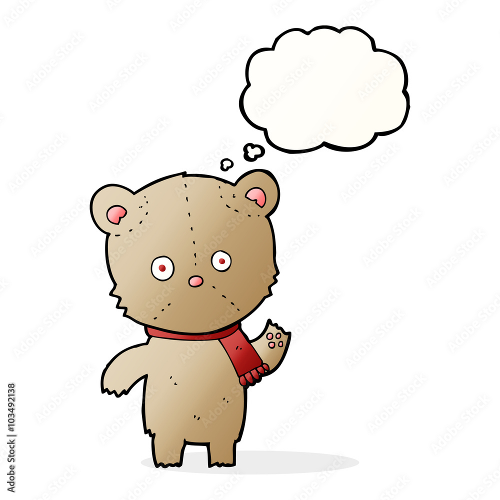 cartoon waving teddy bear with thought bubble