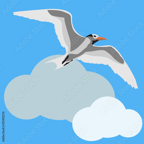 Icono plano gaviota en cielo con nubes