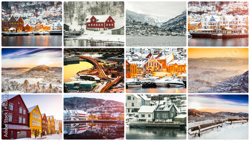 collage of winter and attractions in Bergen photo