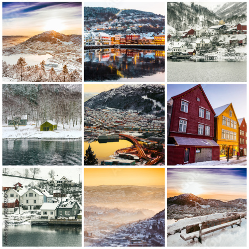 collage of winter and attractions in Bergen