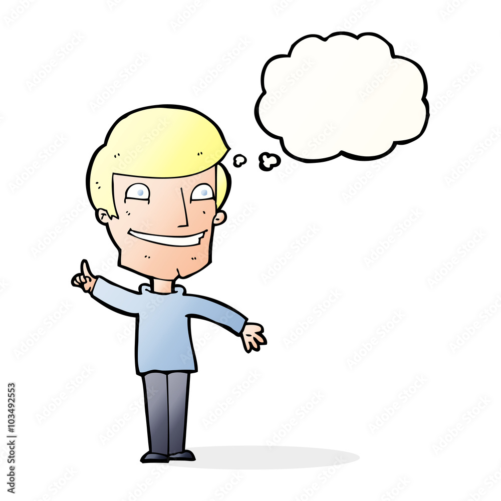 cartoon grinning man with idea with thought bubble cartoon grinning man with idea with thought bubble