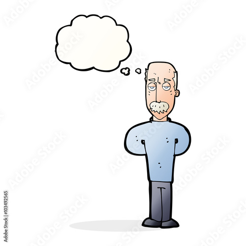 cartoon annoyed balding man with thought bubble