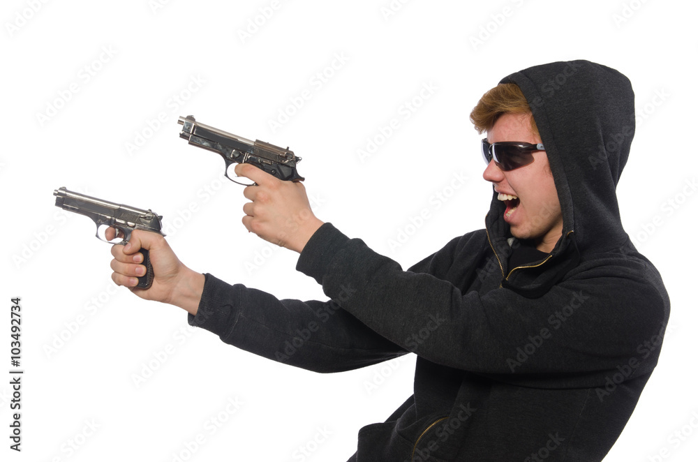 Aggressive man with gun isolated on white Aggressive man with gun isolated on white