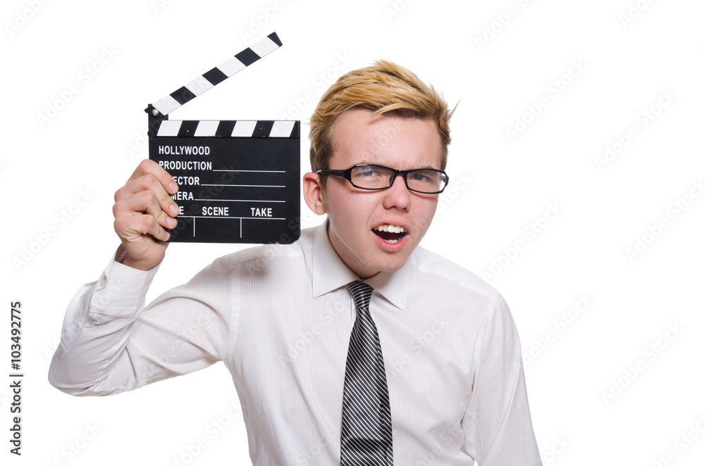 Funny man with movie board on white Funny man with movie board on white