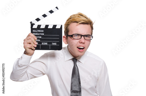Funny man with movie board on white