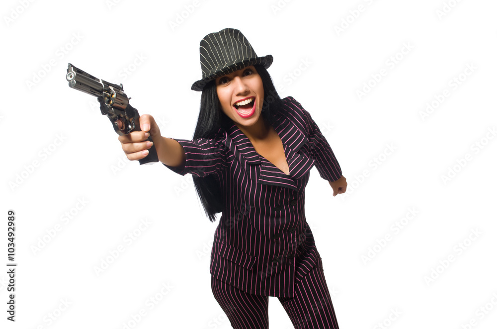 Gangster woman with gun isolated on white Gangster woman with gun isolated on white