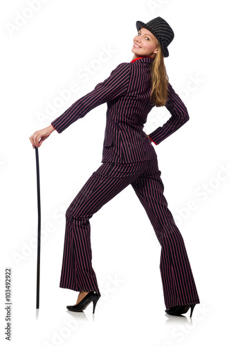 Woman with walking stick isolated on the white