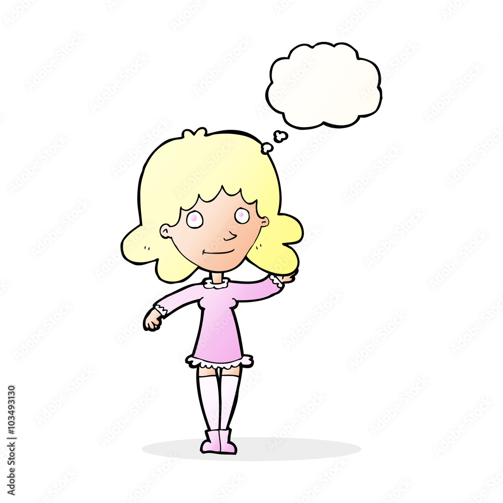 cartoon friendly woman waving with thought bubble cartoon friendly woman waving with thought bubble