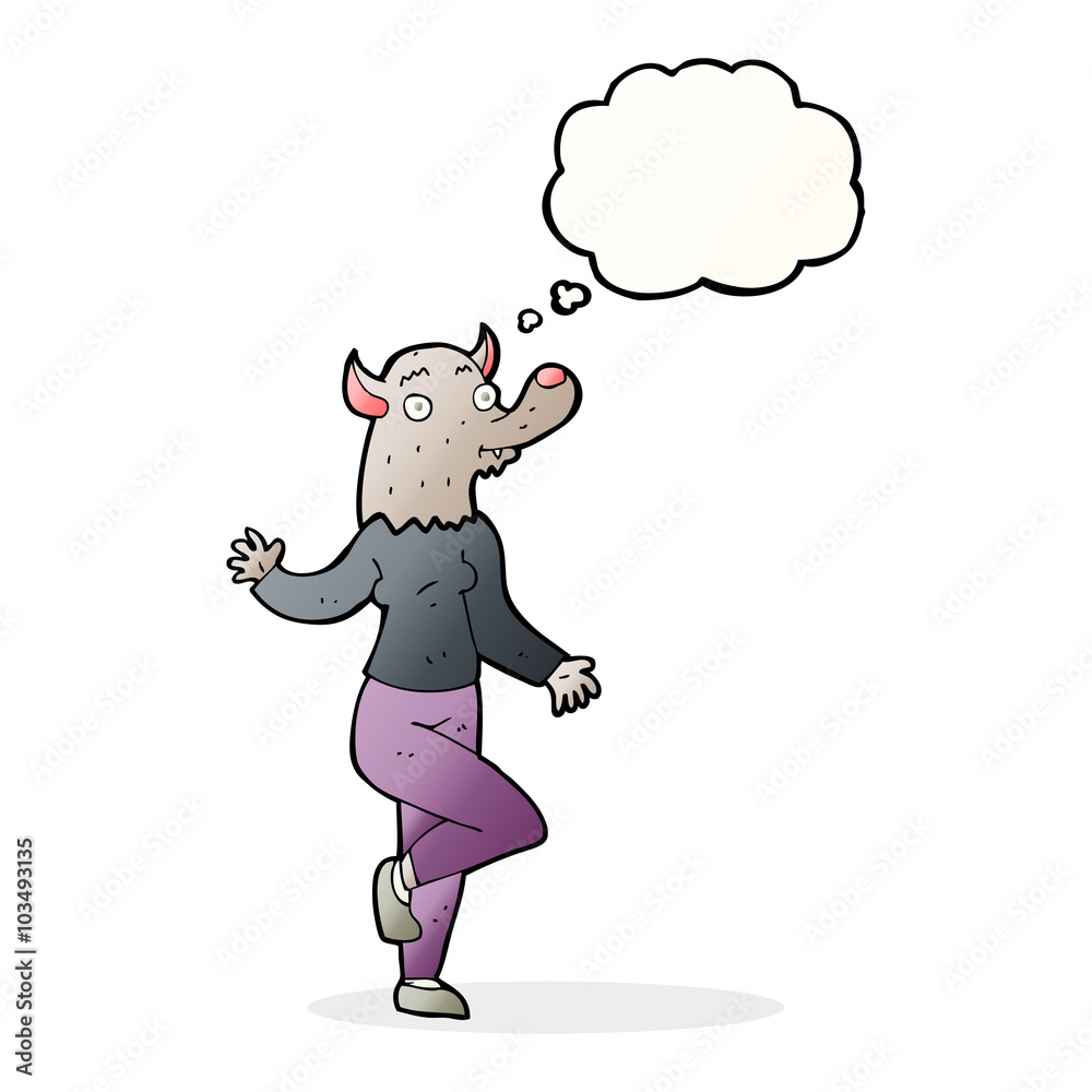 Fototapeta premium cartoon dancing werewolf woman with thought bubble