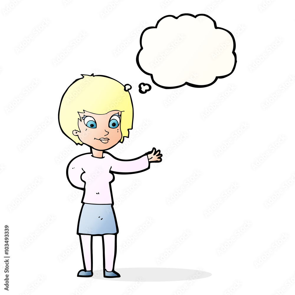 cartoon welcoming woman with thought bubble cartoon welcoming woman with thought bubble