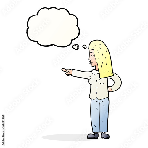 cartoon woman pointing with thought bubble