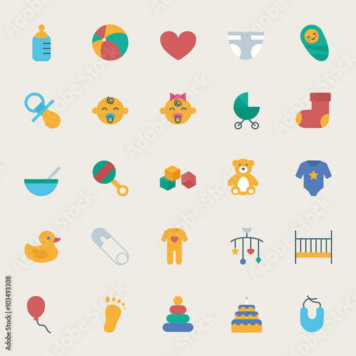 Baby vector icons set, flat style