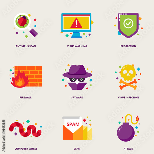 Computer virus vector icons set