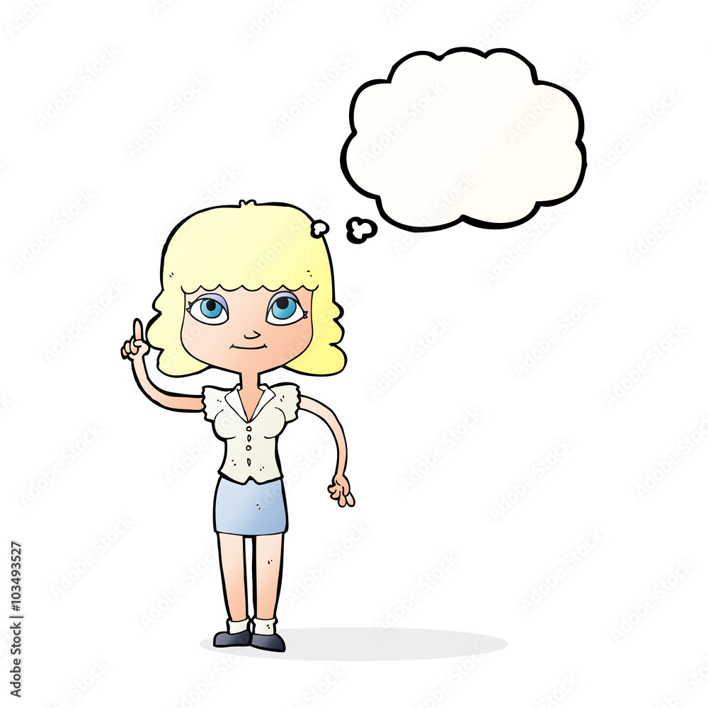 cartoon woman with idea with thought bubble cartoon woman with idea with thought bubble