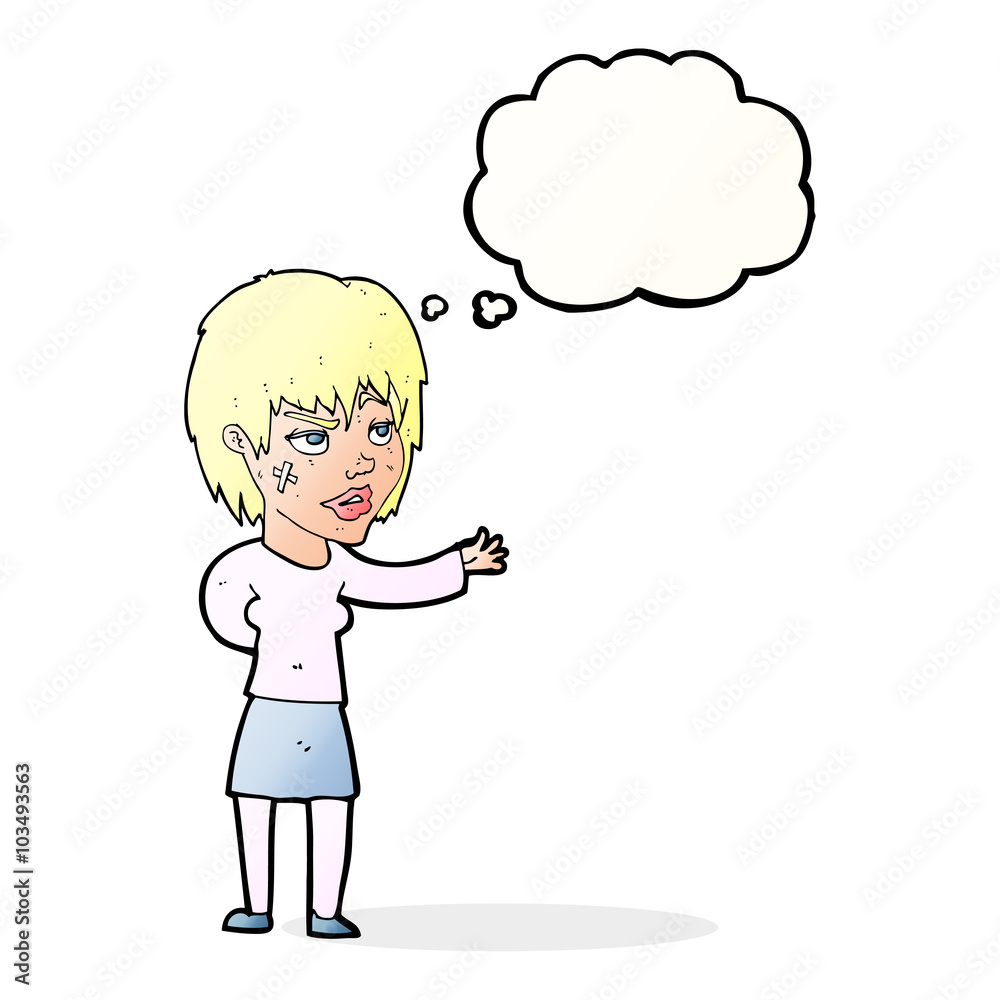cartoon woman with sticking plaster on face with thought bubble cartoon woman with sticking plaster on face with thought bubble