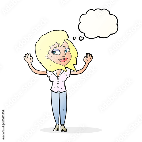 cartoon woman giving up with thought bubble