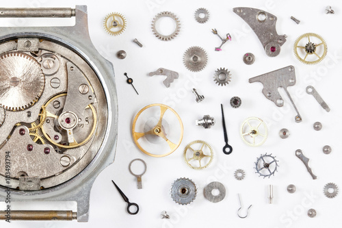 disassembled the clock on a light background