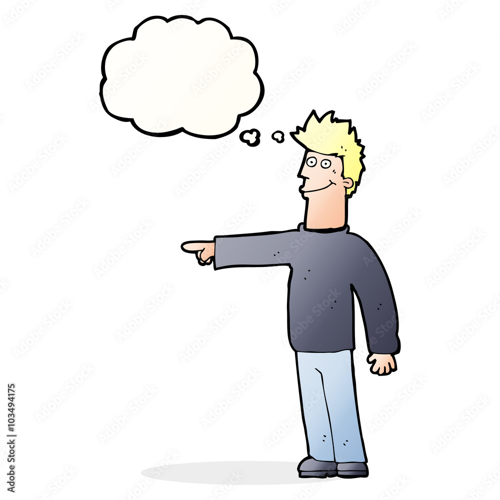 cartoon happy pointing man with thought bubble cartoon happy pointing man with thought bubble