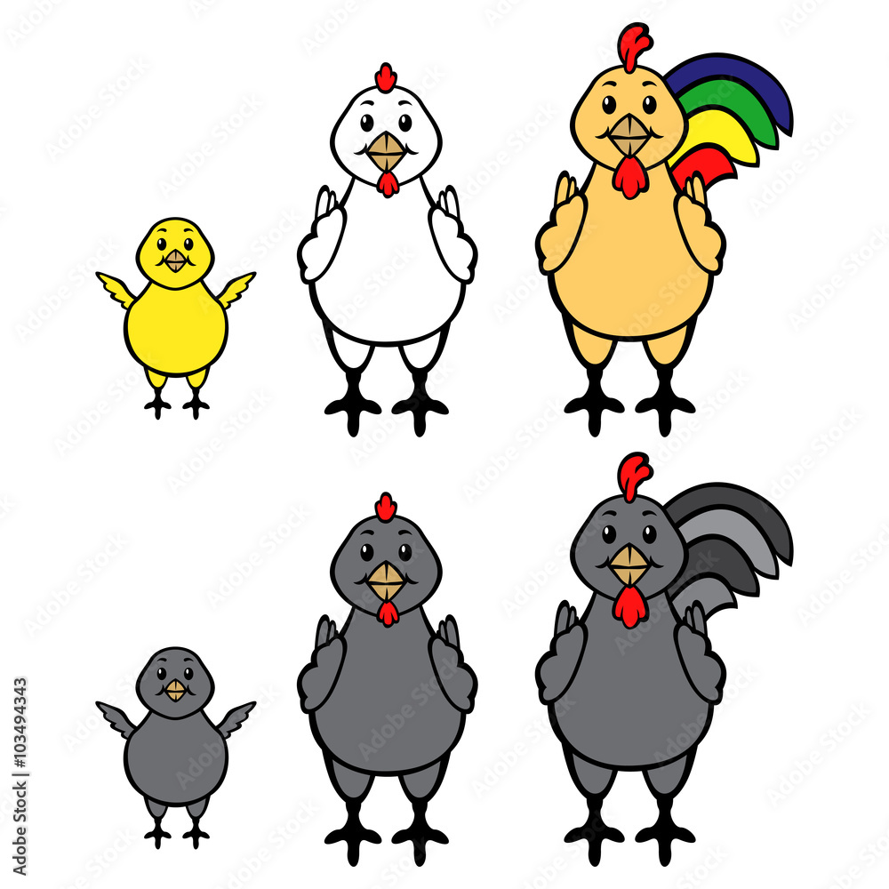 Obraz premium Rooster, hen and chick multicolor set