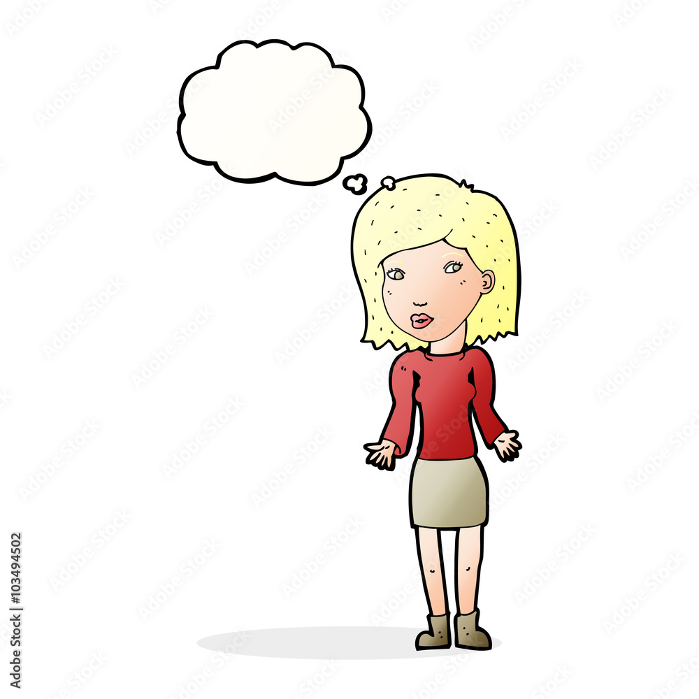 cartoon woman shrugging shoulders with thought bubble cartoon woman shrugging shoulders with thought bubble