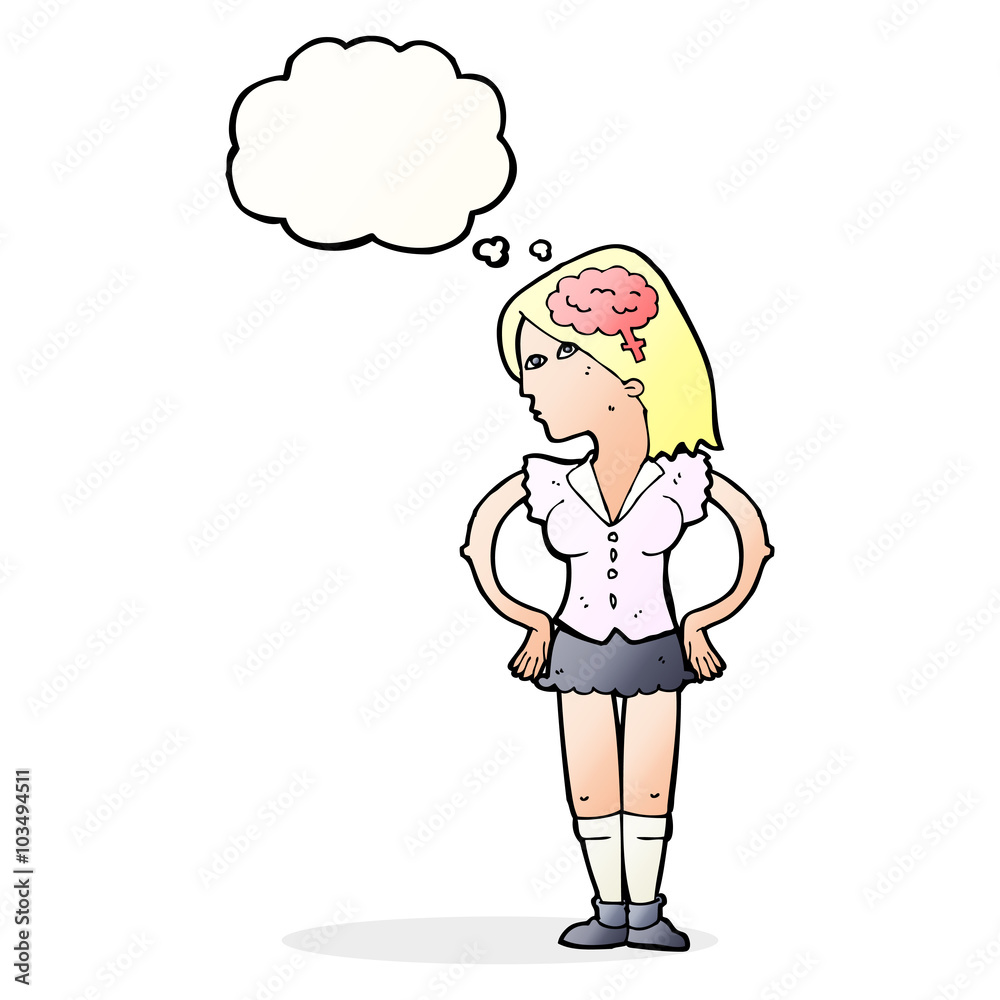 cartoon intelligent woman with thought bubble cartoon intelligent woman with thought bubble