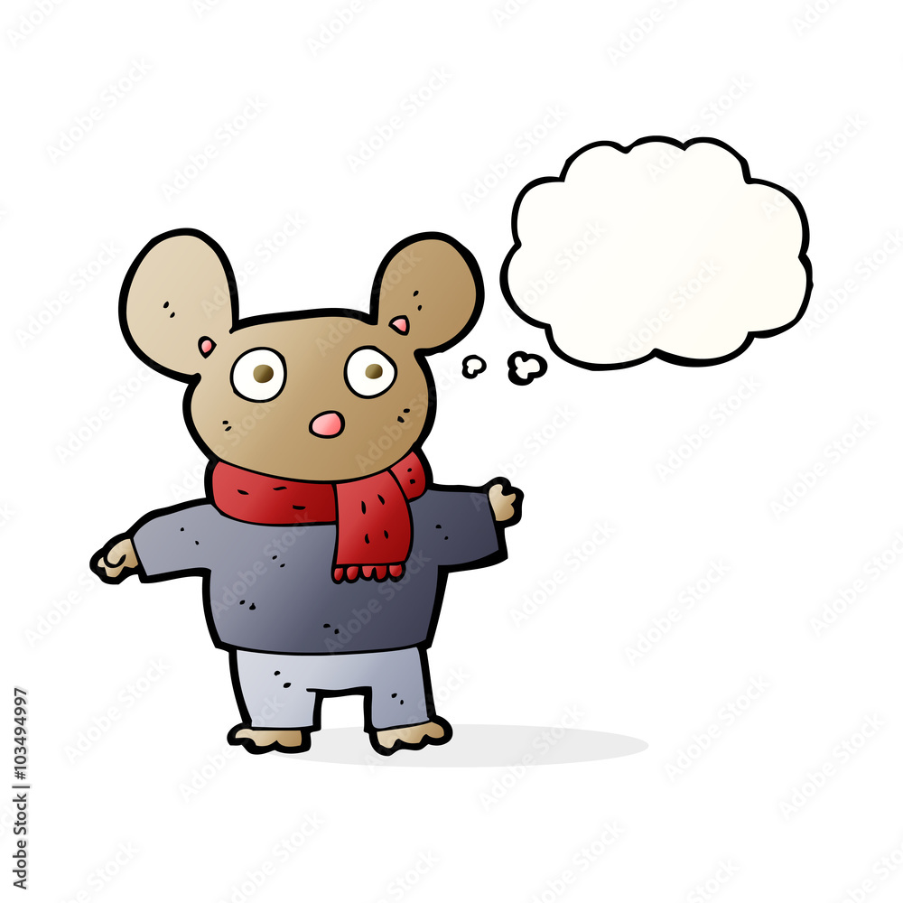 cartoon mouse in clothes with thought bubble