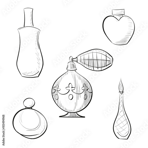 Vector illustration perfume sprayer and four perfume bottles hand drawn outline set