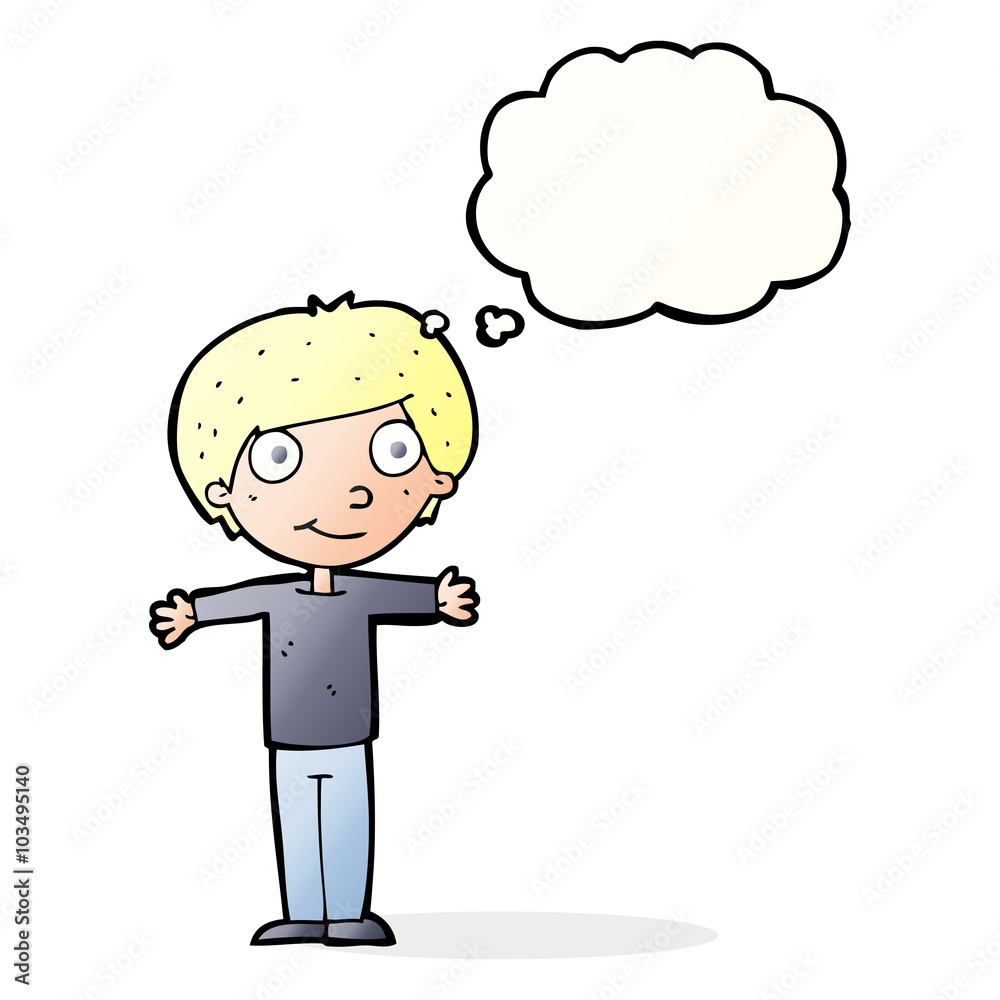 cartoon happy boy with open arms with thought bubble cartoon happy boy with open arms with thought bubble