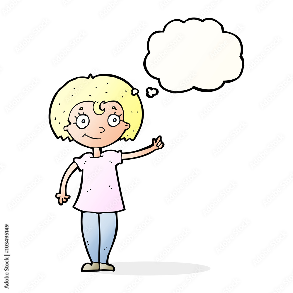cartoon happy woman pointing with thought bubble cartoon happy woman pointing with thought bubble