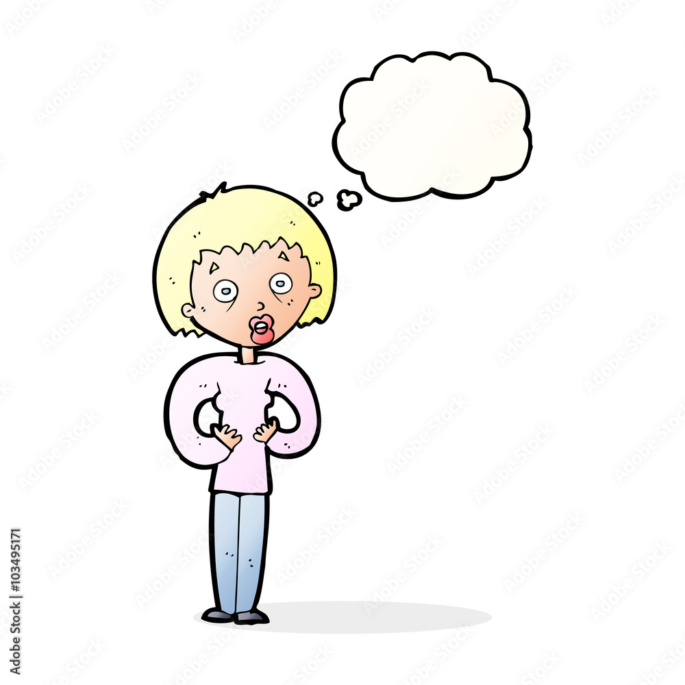 cartoon woman gesturing at self with thought bubble cartoon woman gesturing at self with thought bubble