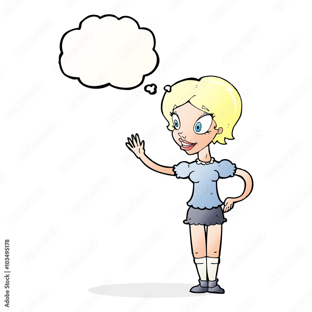 cartoon waving woman with thought bubble cartoon waving woman with thought bubble
