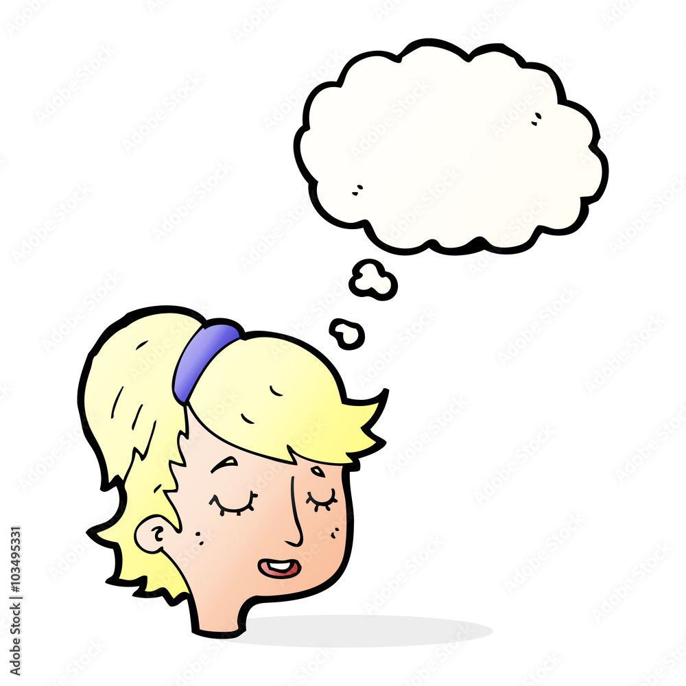 cartoon pretty female face with thought bubble