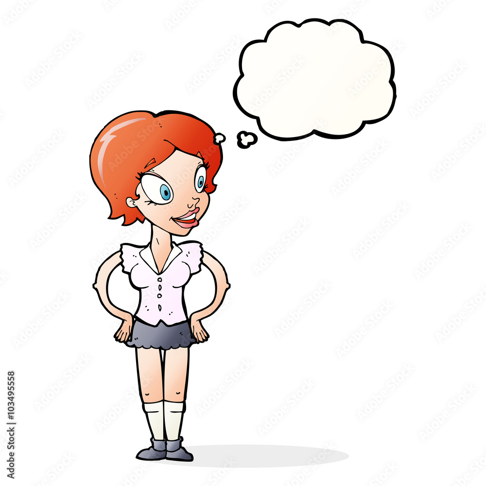 cartoon happy woman in short skirt with thought bubble cartoon happy woman in short skirt with thought bubble