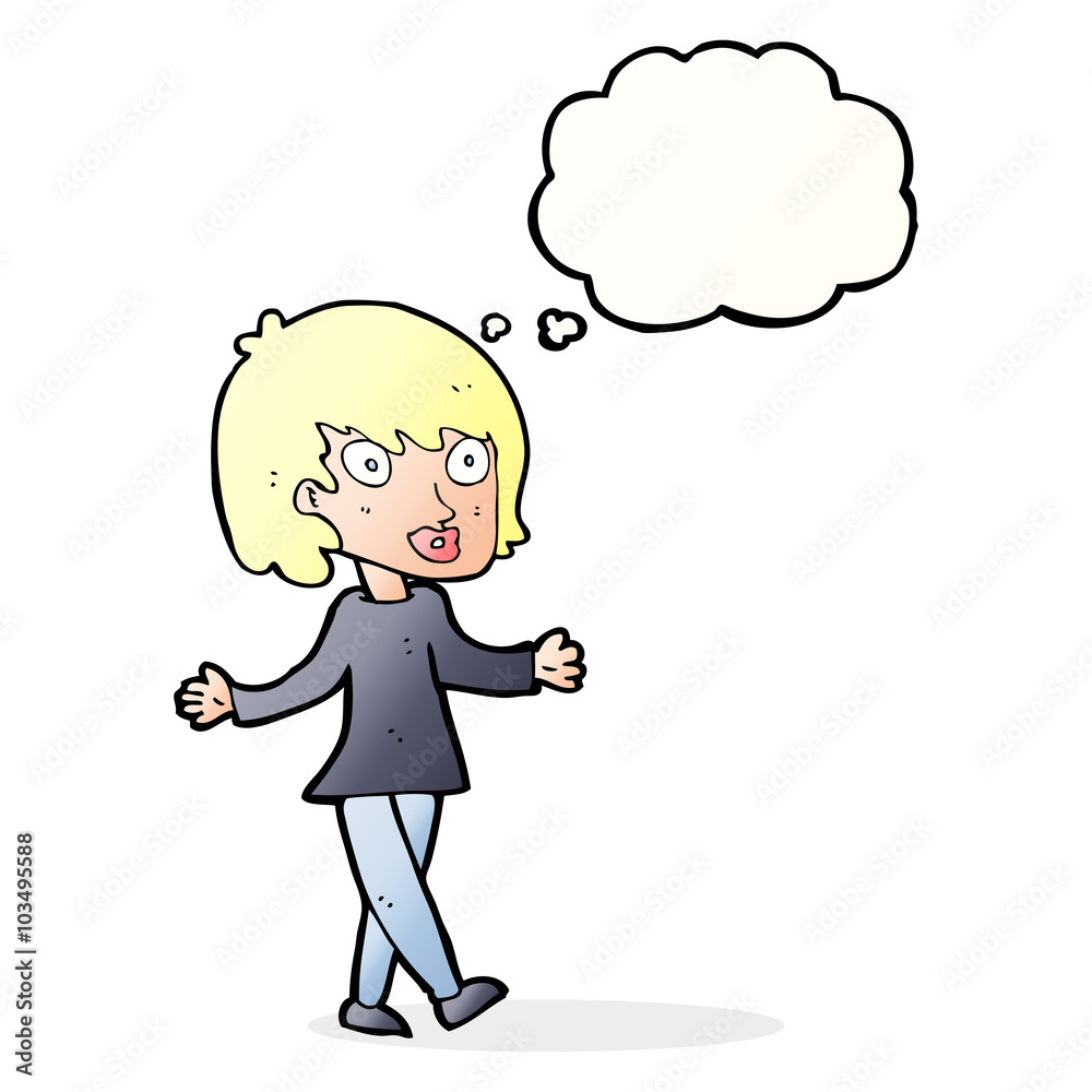cartoon woman with open arms with thought bubble cartoon woman with open arms with thought bubble