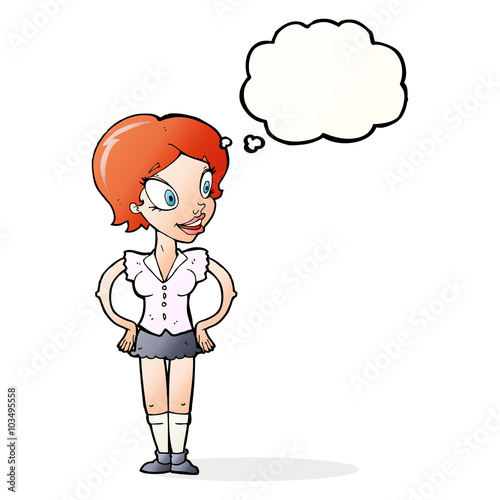 cartoon happy woman in short skirt with thought bubble