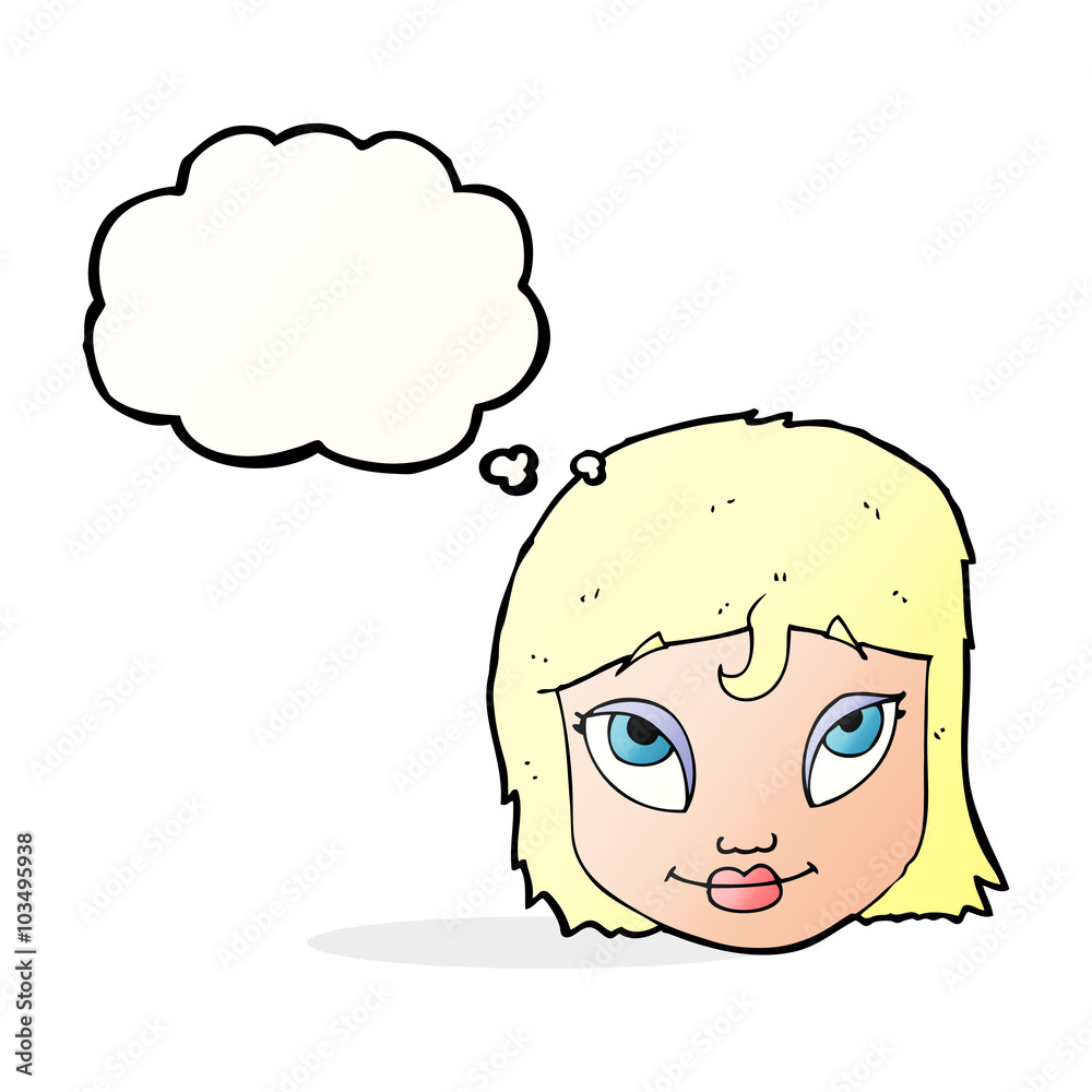 cartoon woman smiling with thought bubble