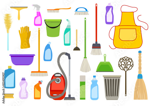 Set of cleaning supplies. Tools of housecleaning on white