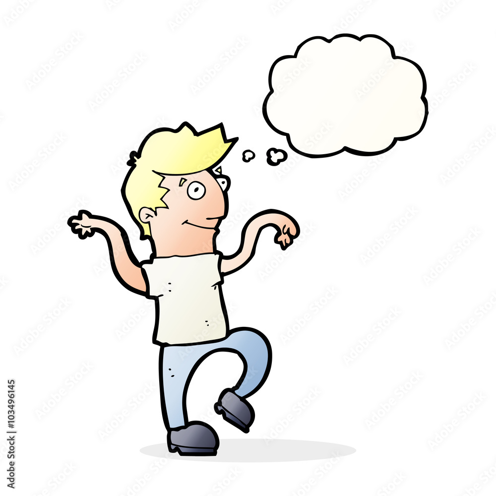 cartoon happy man doing funny dance with thought bubble cartoon happy man doing funny dance with thought bubble