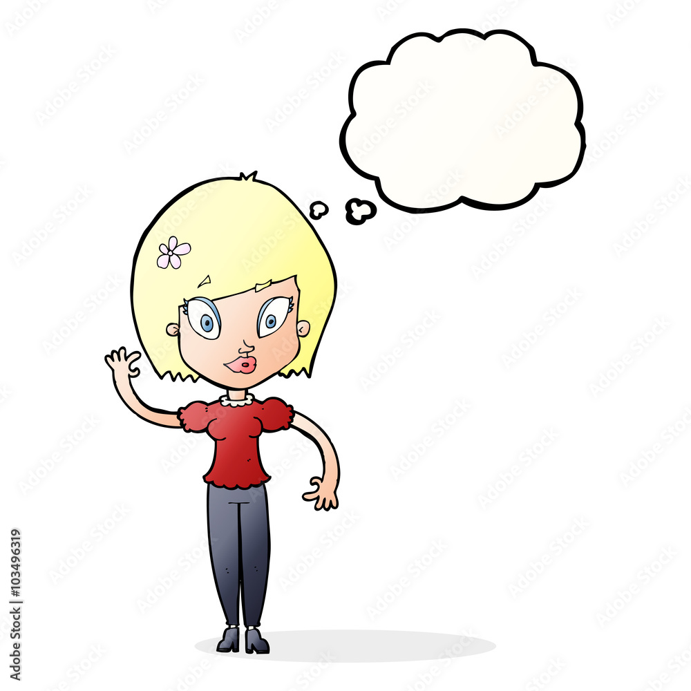 cartoon pretty woman waving with thought bubble cartoon pretty woman waving with thought bubble