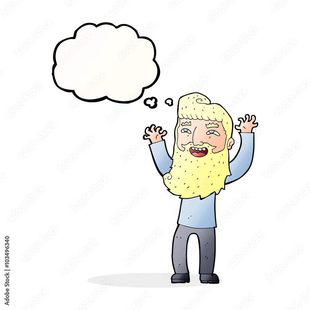 cartoon happy bearded man waving arms with thought bubble