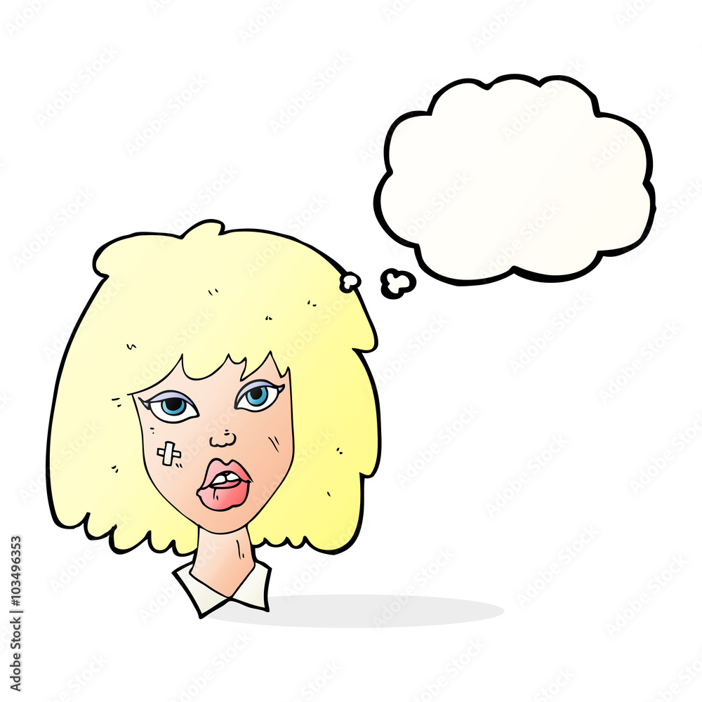cartoon woman with bruised face with thought bubble cartoon woman with bruised face with thought bubble