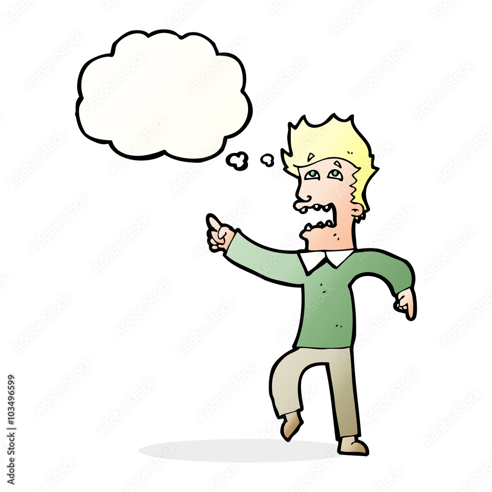 cartoon frightened man pointing with thought bubble cartoon frightened man pointing with thought bubble
