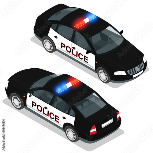 Flat 3d isometric high quality city service transport icon set. Police car. Build your own world web infographic collection. Set of the flat isometric police car  with front and rear views