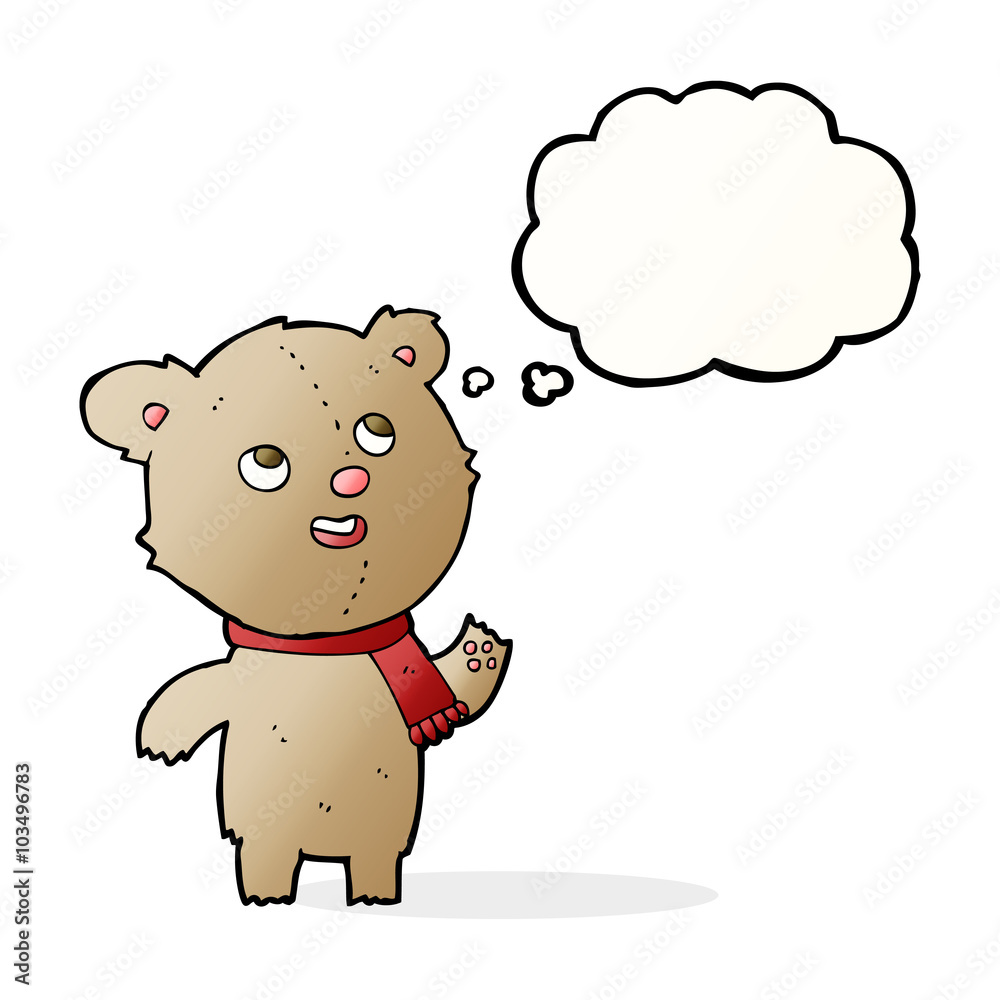 cartoon teddy bear wearing scarf with thought bubble